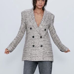Zara Double Breasted Tweed Blazer in Ecru/Brown (size xs)